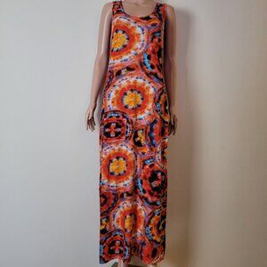 LOVE Baja Maxi Dress Womens L tank long hippie bright red blue boho tie-dye slit